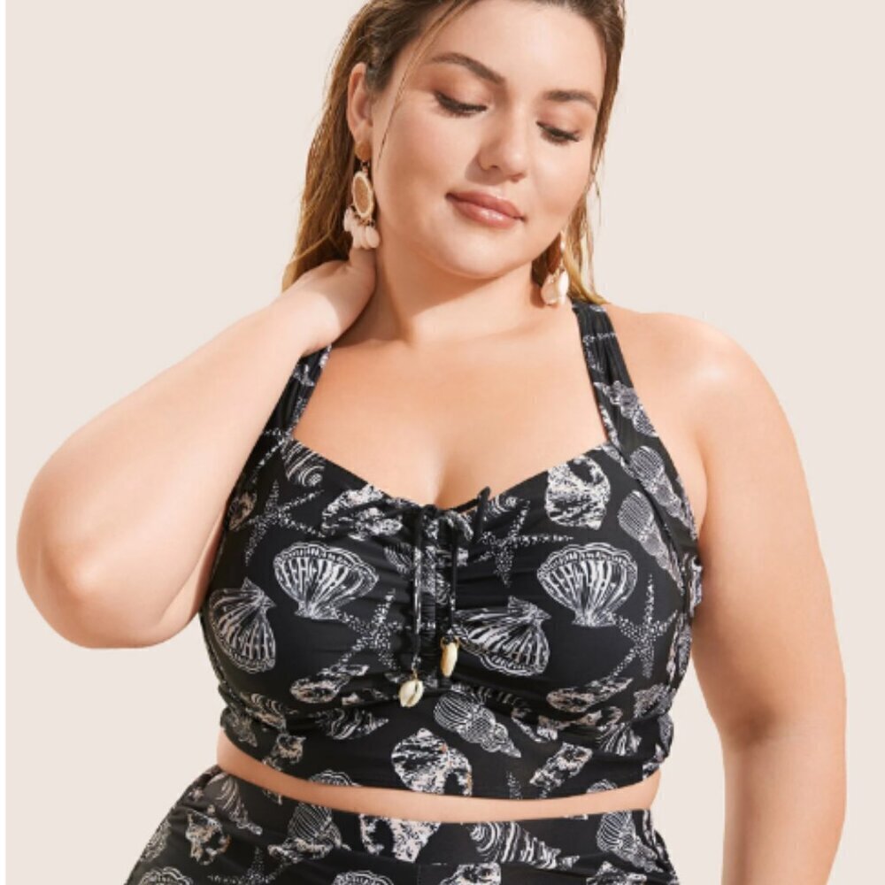 BloomChic Size L Shell Print Drawstring Ruched Skinny Swim Top us 12